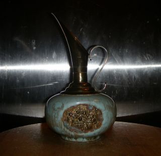 Renaissance Brass Mantle Ewer W/ Porcelain Base Wine Vase Decanter photo