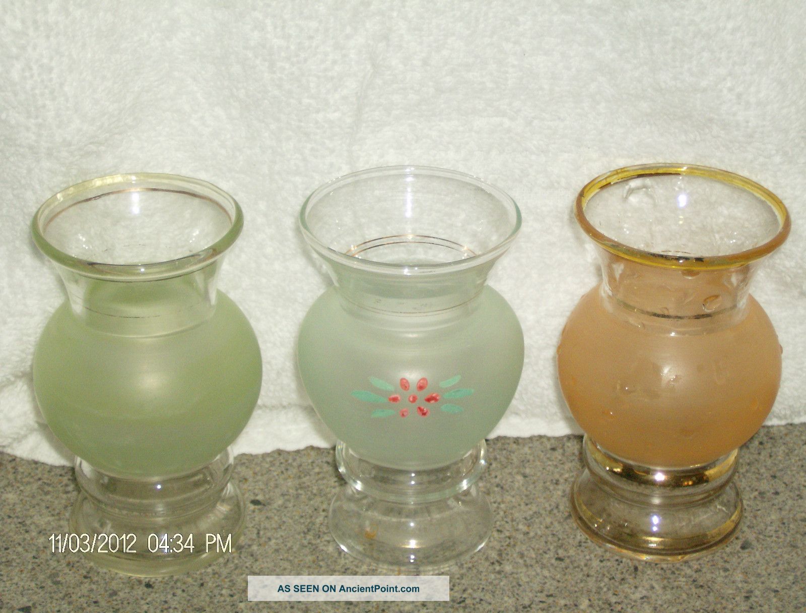 Vintage Frosted Glass Vases 3 (1 Pink 1 Blue 1 Green) Gold Tone Trimmed Vases photo
