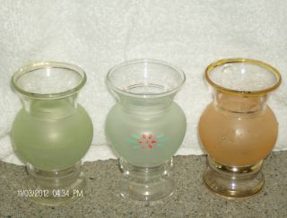 Vintage Frosted Glass Vases 3 (1 Pink 1 Blue 1 Green) Gold Tone Trimmed photo