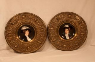 Hand Painted Porcelain Bowls W/ Brass Repousse Style Frame C1900 photo