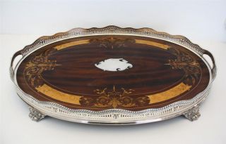 C1910 Spectacular English Silverplate & Fruitwood Gallery Butlers Serving Tray photo