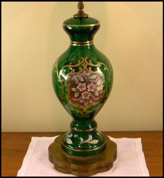Vintage Huge Lamp Green Emerald Glass Handpainted Filigree Brass Base 26 