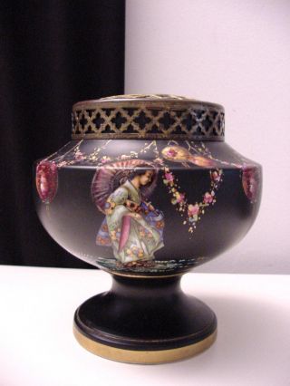 Splendid Antique Hand Painted Earthenware Rose Bowl,  Japanese Lady,  England photo