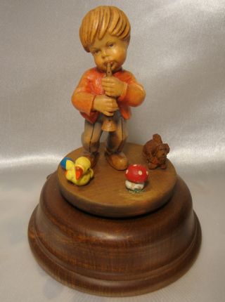 Vtg Goldscheider Italy Handcarved Wood Boy W/ Trumpet Music Box Figurine Anri photo