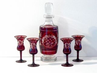 Vohenstrauss Decanter And Four Matching Cordial Glasses photo
