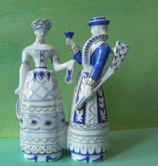 Hungarian Couple Fantastic Blue/whitevintage Hollohaza Porcelain Deco Statuette photo