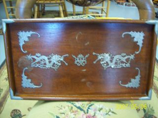 Vintage Hand Made Wooden Tray,  Collectible,  Oriental,  Dragons And Bats,  One photo