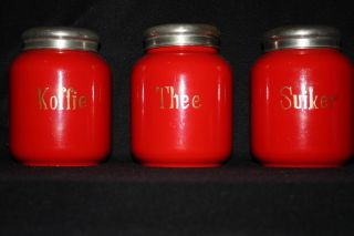 Antique Dutch Enamelware Canisters Jars Enamel Red Auth Rare 1900 photo