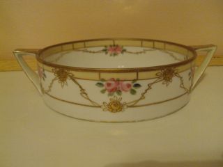 Antique Vintage Hand Painted Nippon Porcelain Bowl Roses Gold M Wreath Handles photo