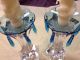 Vintage Pair Of Czech Blue Topaz Bobeche & Prism Set - Signed Candle Holders photo 1