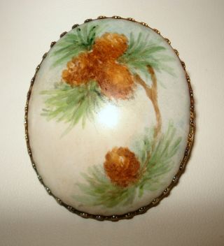 Vintage Pine Cone Hand Painted Miniture Porcelain Pin C.  1940 ' S photo