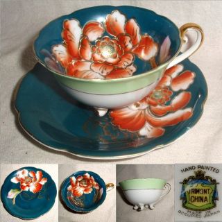 60yr Hp Trimont Occupied Japan Teal Blue W/gold Scallop Floral Cup & Saucer Vgc photo