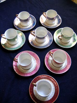 Set Of 8 Lusterware Demitasse Cups & Saucers Gold Trim Vintage/ Antique photo