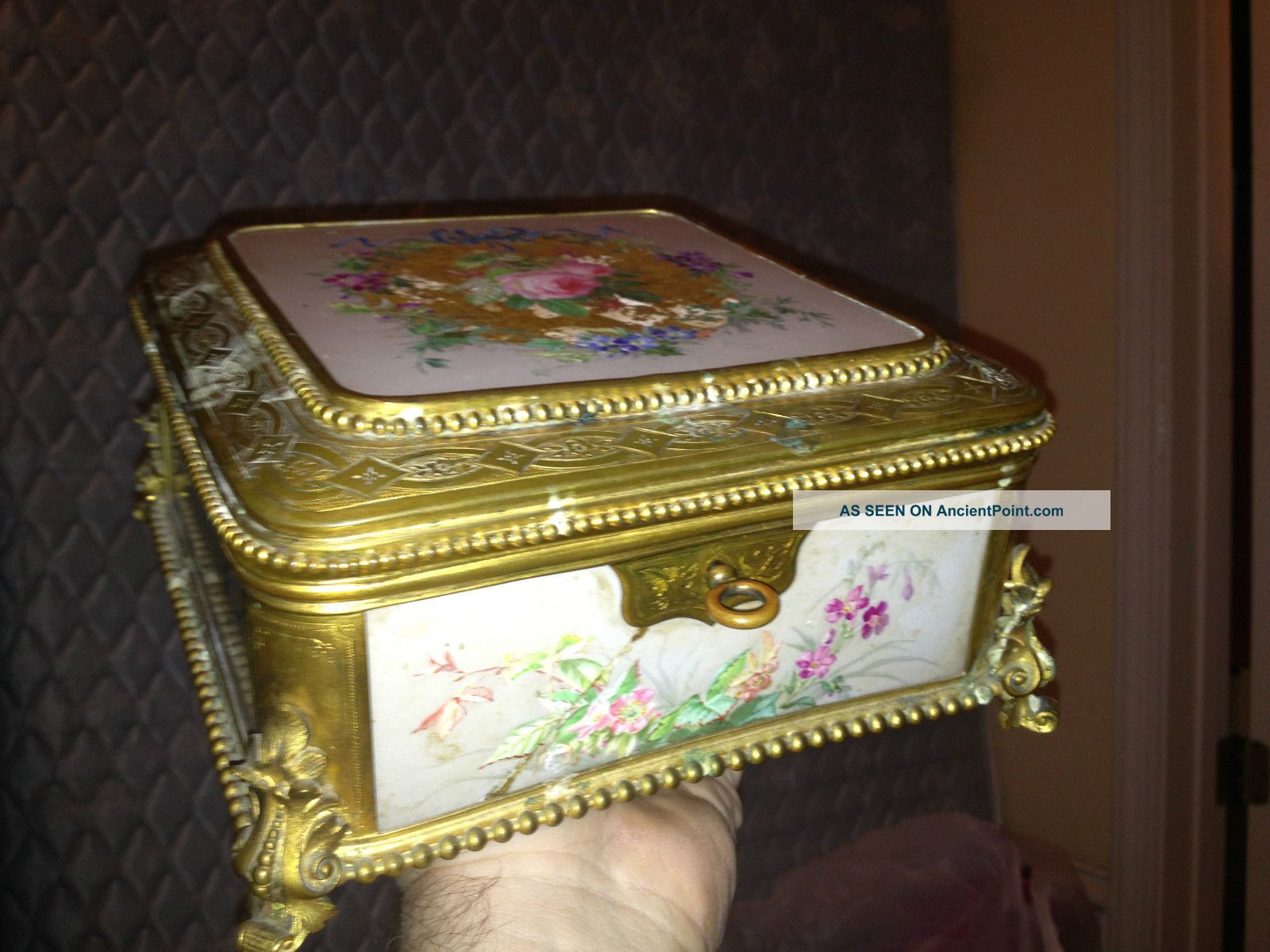 Antique 1869 Brass Porcelain Hand Painted Victorian Jewelry Box Signed With Key Boxes photo