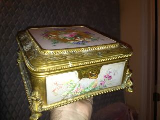 Antique 1869 Brass Porcelain Hand Painted Victorian Jewelry Box Signed With Key photo