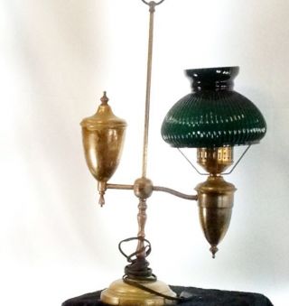 Vintage American Brass Student Lamp Green Case Glass Shade Electrified photo