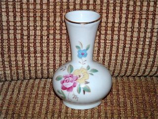 Very Cute Little Ceramic Porcelain Bulbous Vase Pretty Floral Design Gilded Rim photo