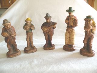 5 Old Hand Carved Wooden Figures Western Cowboys Mountain Men Music Instruments photo