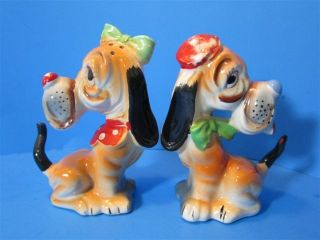 Vintage Ceramic Anthropomorphic Atlas Dogs Salt & Pepper Shaker Lot Japan 1950 photo
