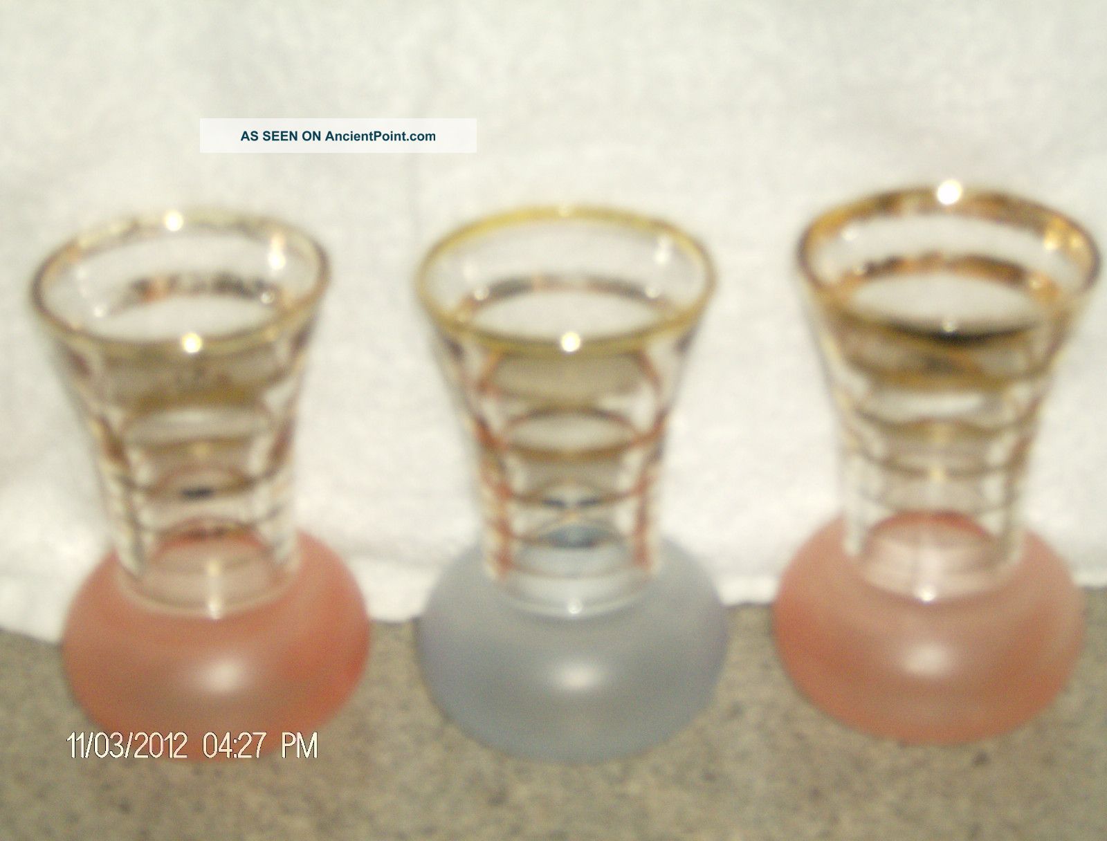 Vintage Frosted Glass Vases 3 2 Pink 1 Blue Gold Tone Trimmed