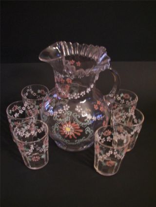 Hand Blown Victorian Glass Enamel Flowers Lemonade Pitcher W/ 6 Glasses photo