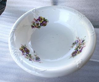Antique 16 Inch Purple,  Yellow,  White Violets Bowl For Stand photo