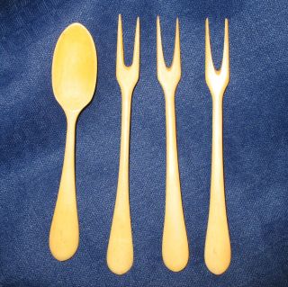 Antique Set Of 4 French Solid Bovine Bone 2 Tine Forks & Spoon photo