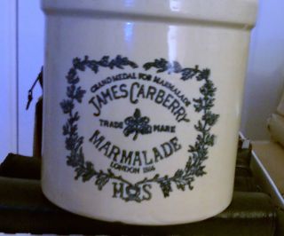 1 Gallon James Carberry Marmalade Blue Advertising Decorated Stoneware Crock photo