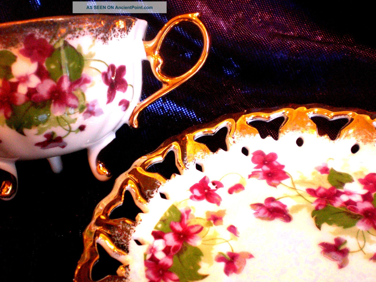 Royal Halsey Butterfly Lattice 3 Footed Purple Violets Iridescent Cup And Saucer Cups & Saucers photo
