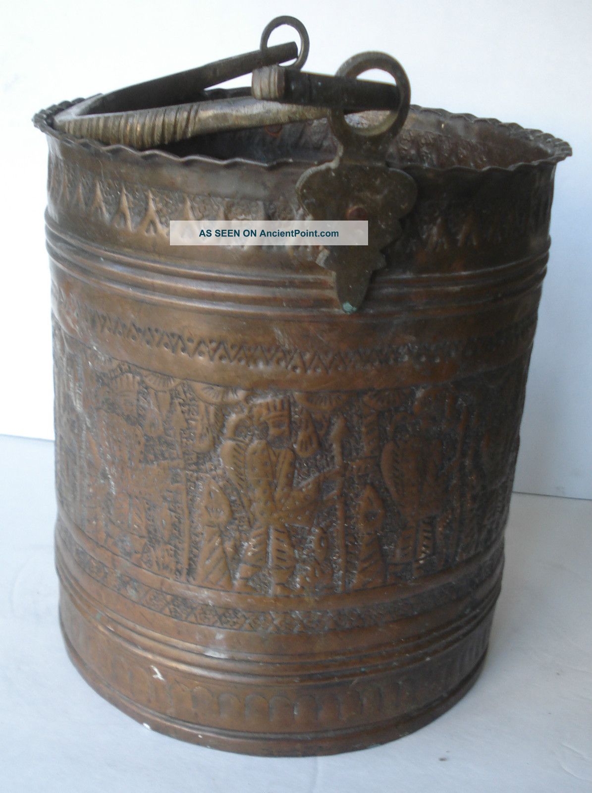 Antique Copper Embossed Engraved Pail - Bronze Brass Handle - Religious Art Bucket Metalware photo