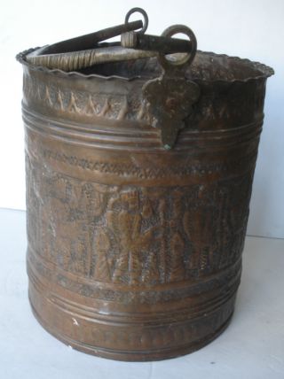 Antique Copper Embossed Engraved Pail - Bronze Brass Handle - Religious Art Bucket photo