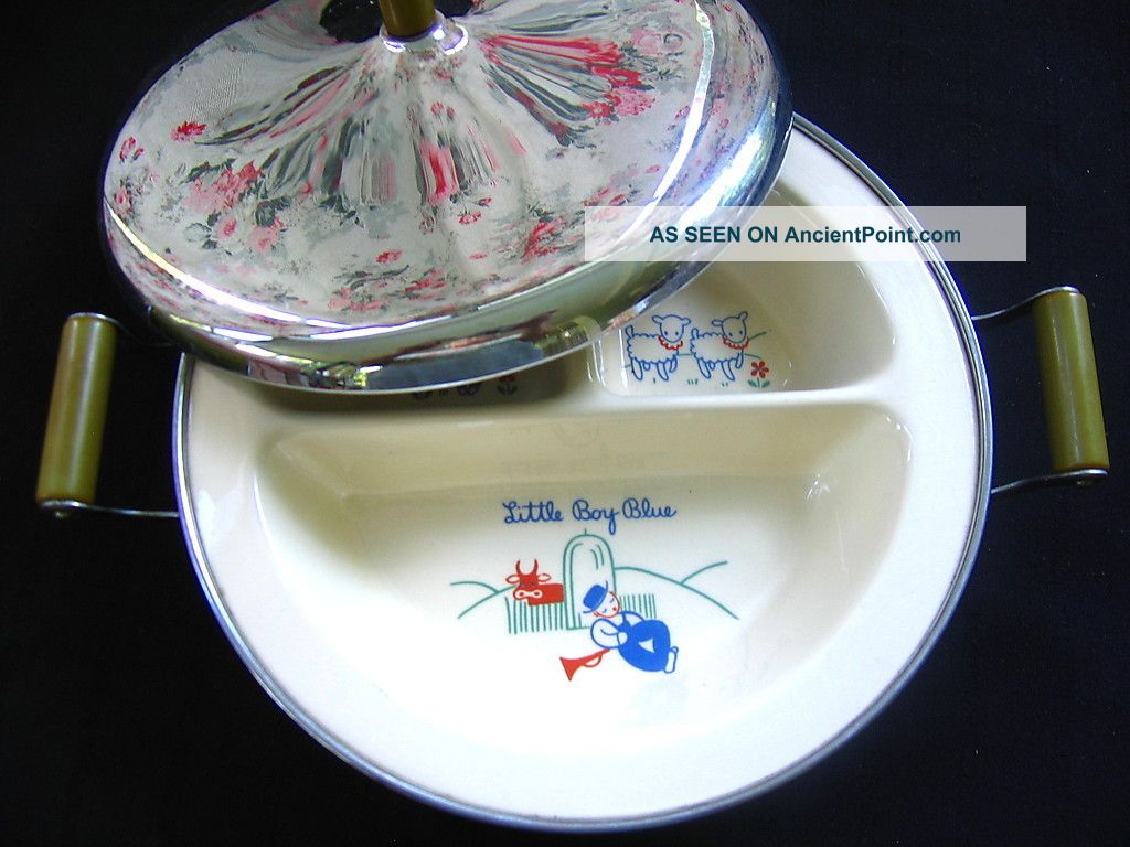 Antique Heavy Porcelain Baby Food Warmer Bakelite Handles Little Boy Blue Bowls photo
