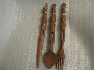 Set Of 3 African Tribal Art Carved Wood Spoon,  Fork,  Knife Made In Kenya photo