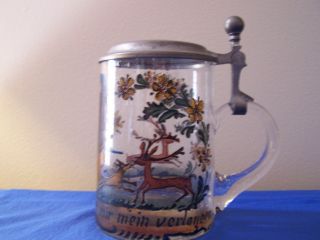 Old Hand Painted Glass Tankard,  Scene Depicts A Hunter With Rifle,  Dog & 2 Stags photo