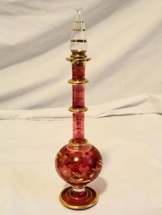 Antique Egyptian Perfume Bottle / Ruby / Gilt Gold 24kt Trim / Stopper / Small photo