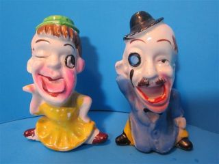 Vintage Ceramic Anthropomorphic Crazy Couple Lady Salt Pepper Shaker Japan 1950 photo