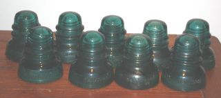 9 Antique Vintage Teal Green Glass Hemingray 40 Insulators photo