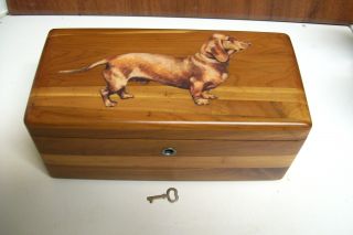 Vtg.  Cedar Wood Box / Dachshund Weiner Dackel Dog Litho On Top / Lock And Key photo