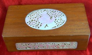 Antique Chinese Wood Box With Mother Of Pearl Shell Inlayed Panels - Foo Dogs photo