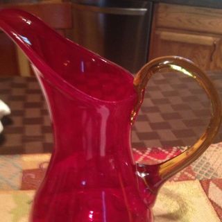 Ruby Red And Gold Blinko Handblown Glass Pitcher photo