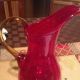 Ruby Red And Gold Blinko Handblown Glass Pitcher Bottles photo 3