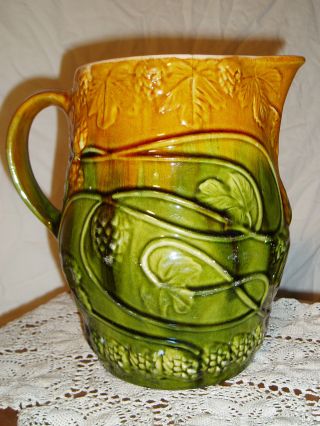 Antique Majolica Orange/brown/green Stoneware Pitcher With Berry And Leaf Design photo