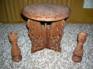 Hand Carved Small Table/stand And Candlestick Holders Made In India photo