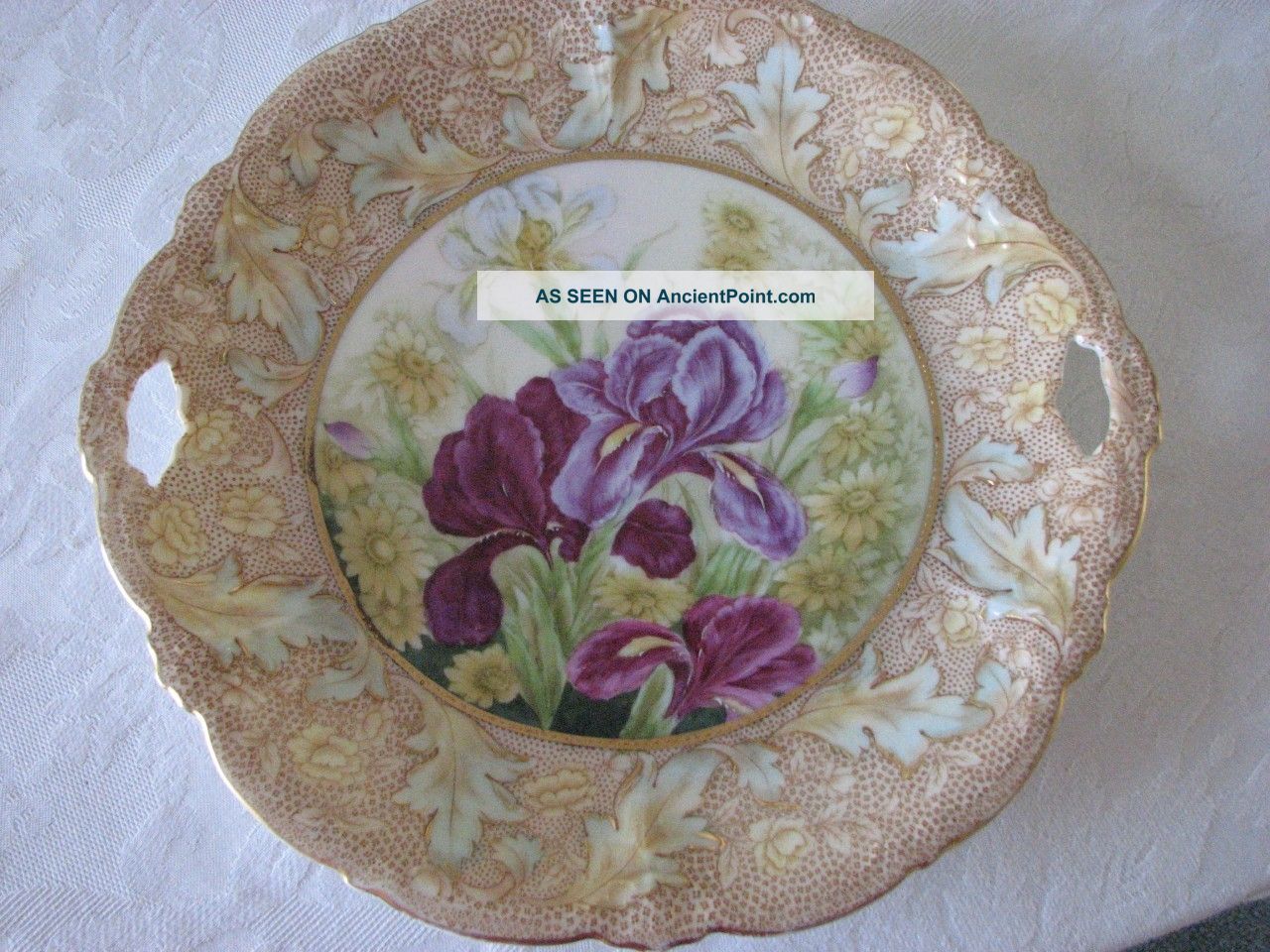 Artist Signed Bavaria Cabinet Plate Brilliant Purple Iris - Yellow Daisies Gold Tr Plates & Chargers photo