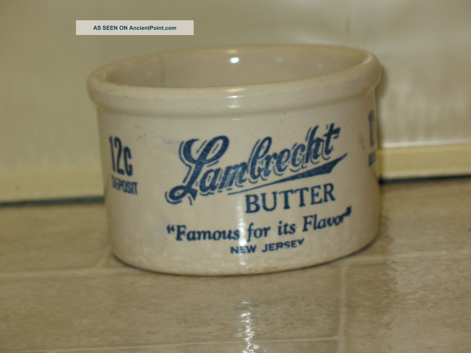 Lambrecht Stoneware Butter Crock,  Different Blue Graphics Each Side,  12c,  Newjersey Crocks photo