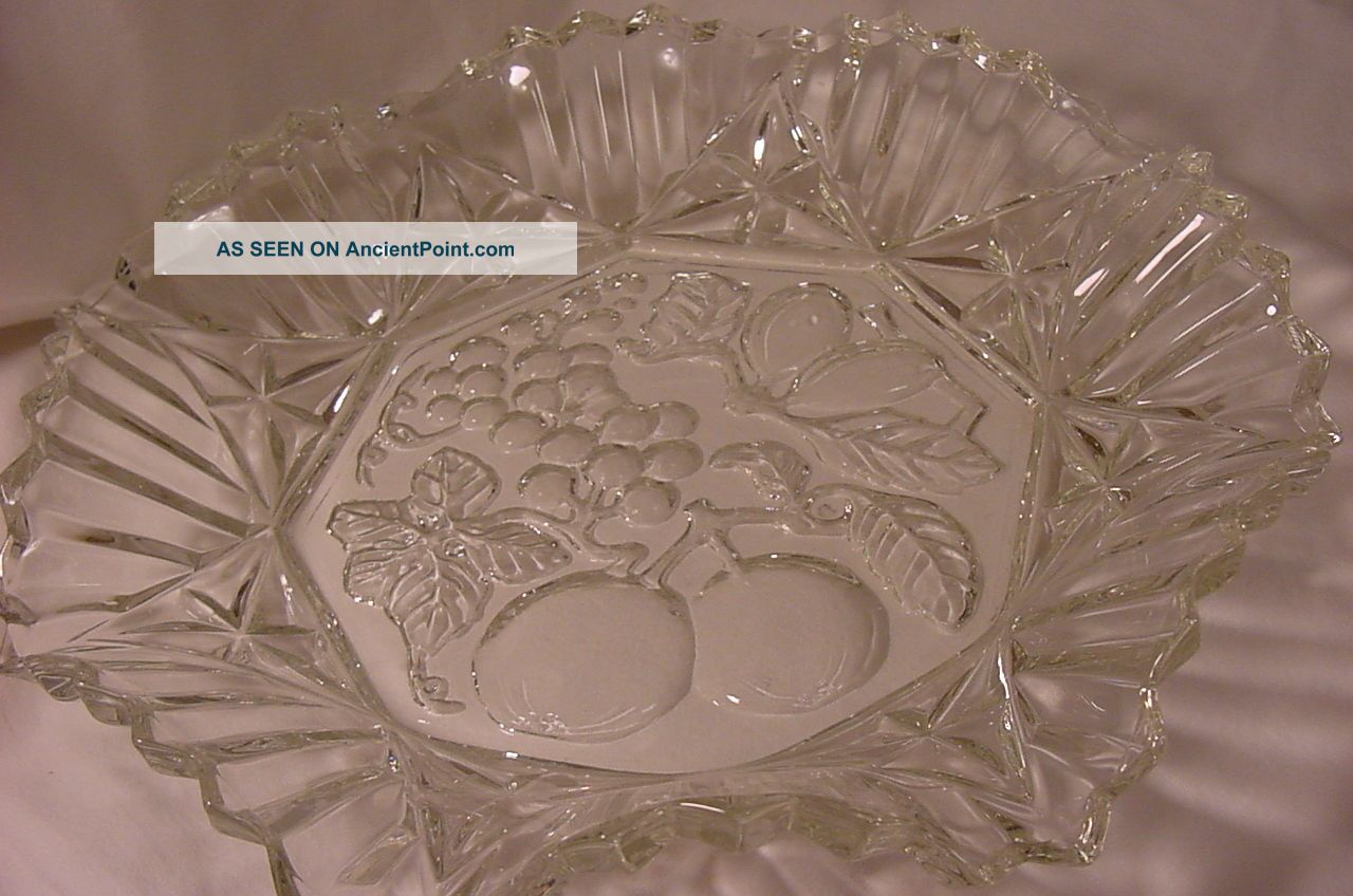 Antique Large Ribble Edge Glass Dish W/ Fruit Pattern. .  Look Bowls photo