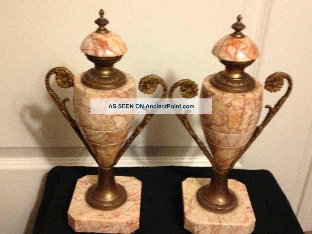 French Antique Louis Xvi Bronze & Marble Urns Vases Metalware photo
