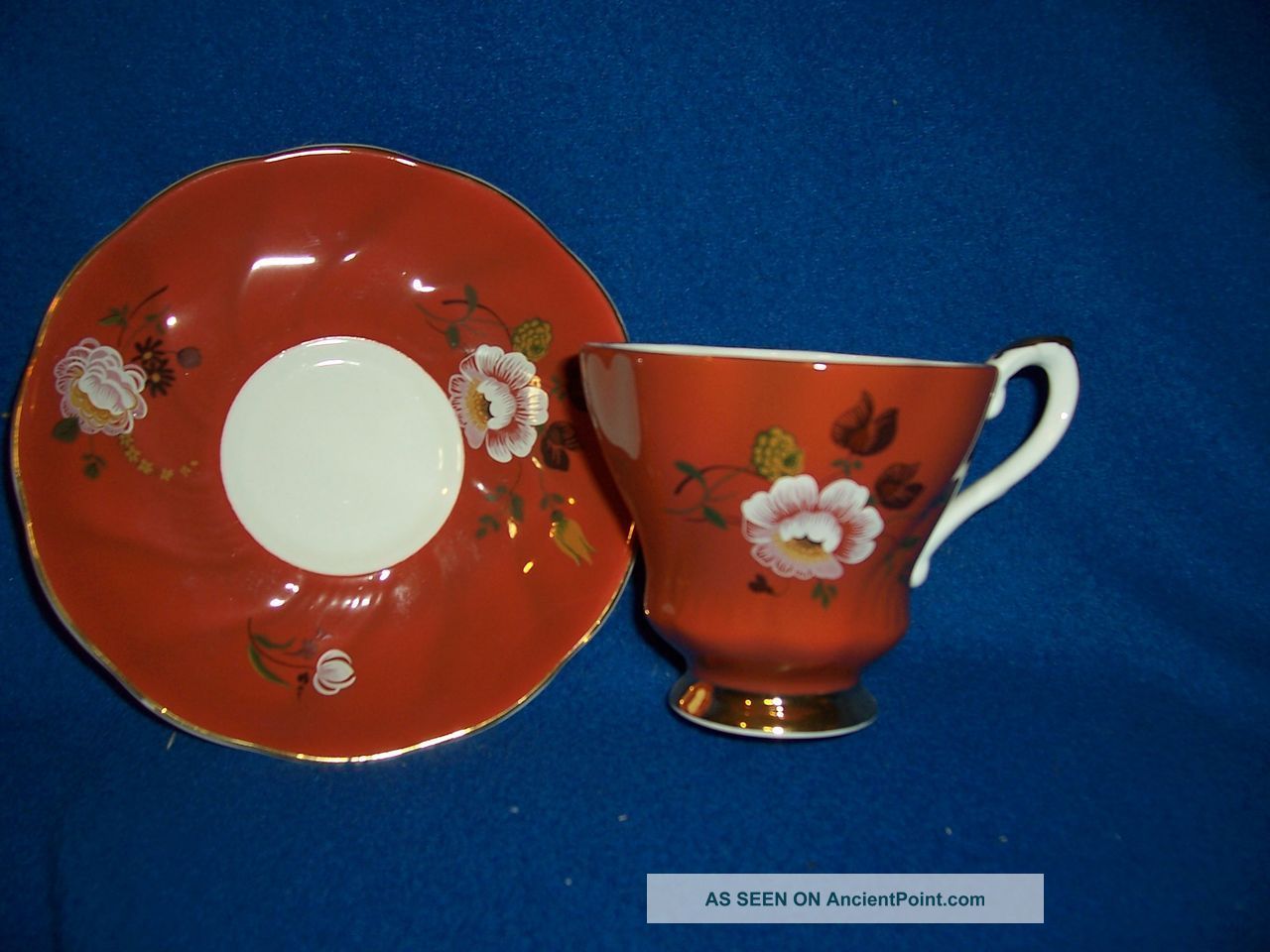 Royal Grafton Red - Orange With White Flowers Cup & Saucer.  Gold Trimmed.  Numbered Cups & Saucers photo