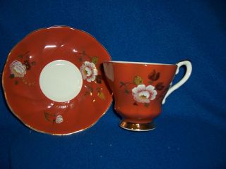 Royal Grafton Red - Orange With White Flowers Cup & Saucer.  Gold Trimmed.  Numbered photo