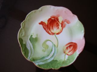 Limoges France,  Signed Max,  Red Tulips Plate,  8 1/2 